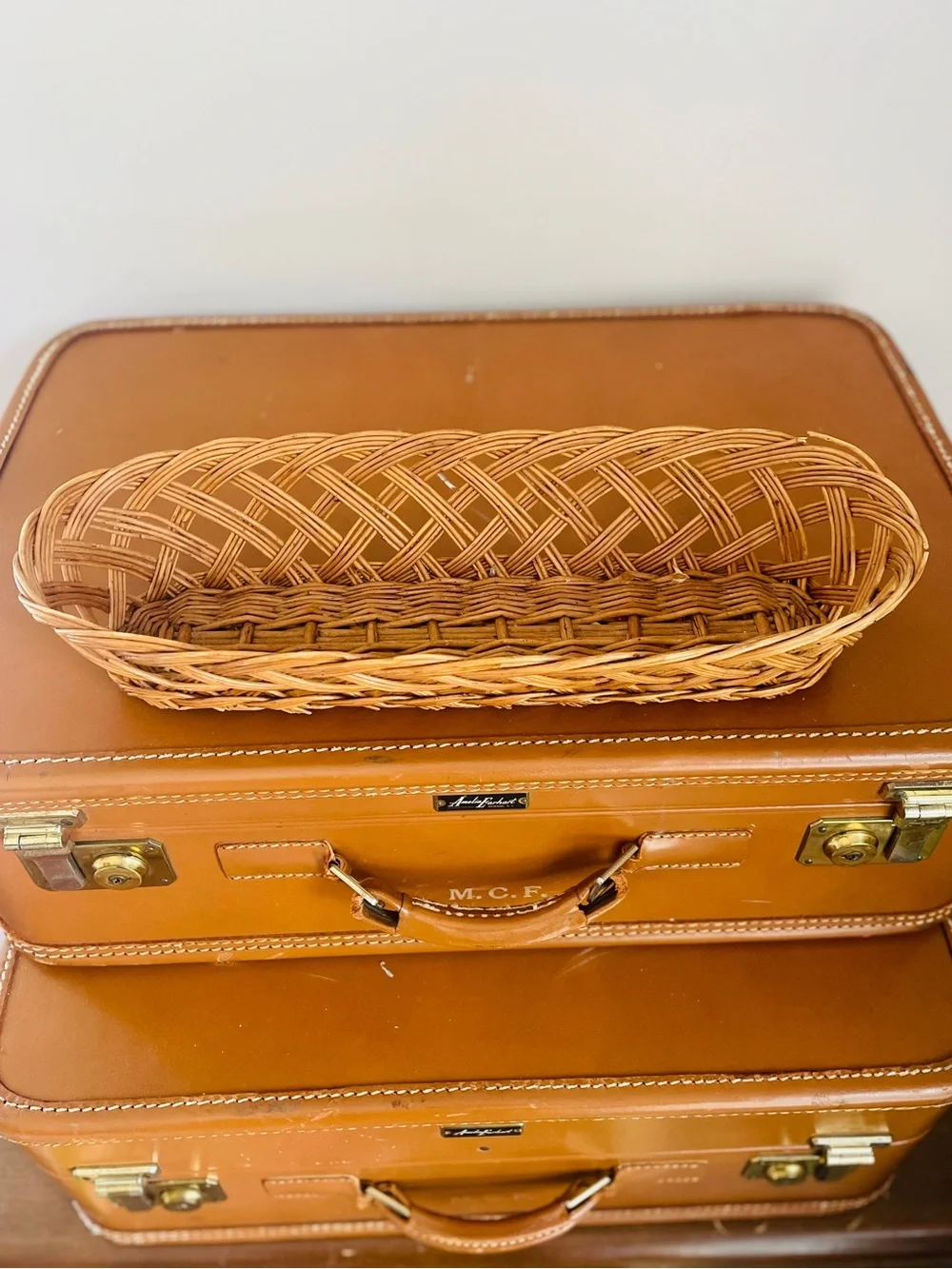 Woven Rattan Oblong Basket Natural Brown Open Weave Diagonals Scalloped Edges